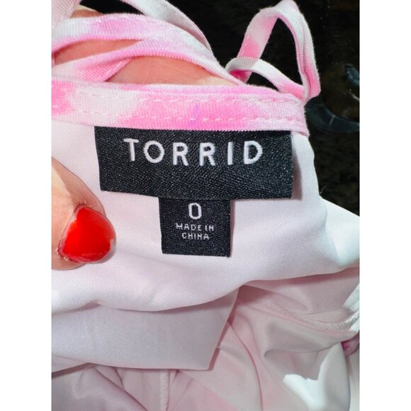 Torrid Pink Tie Dye Challis Handkerchief Dress Tie Back Sz 12/0 Scoop Neck Lined - Picture 8 of 11